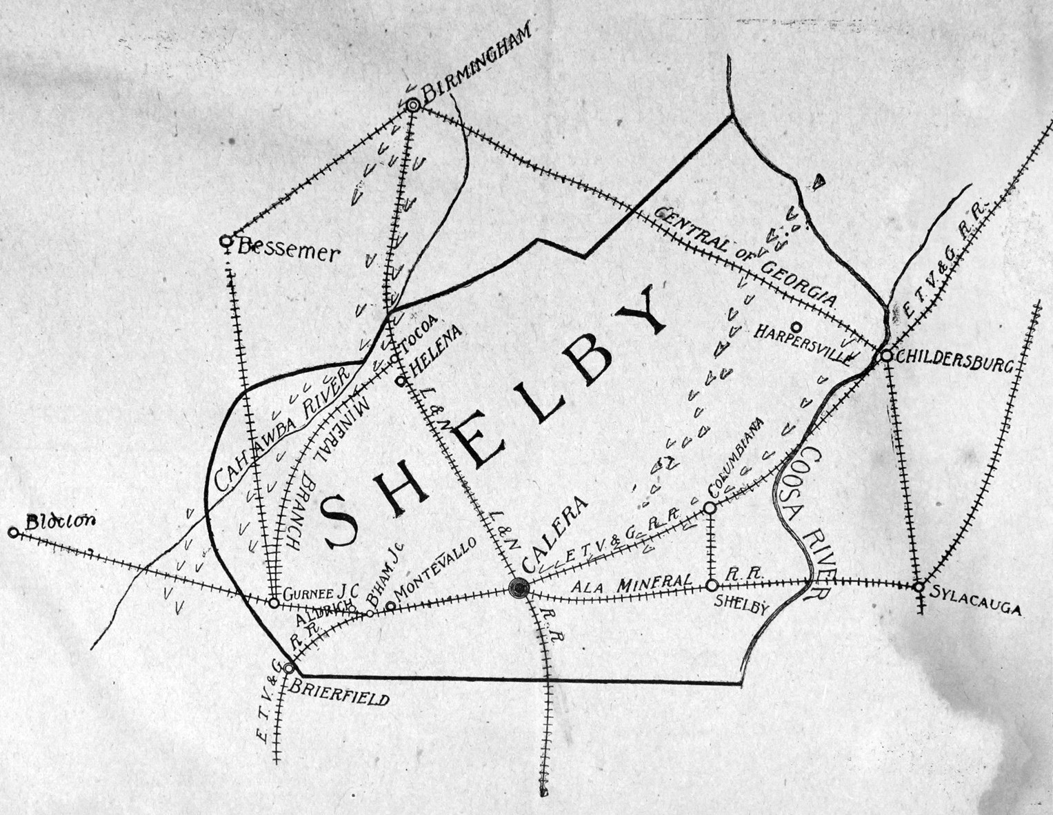 Calera Railroad Center of Shelby County Map 1904