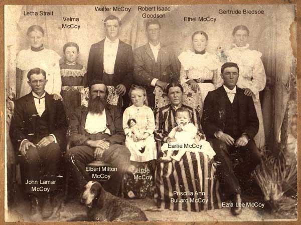 Elbert Milton McCoy Family Photo. 
This family migrated from Butler County, Alabama, to Cass County, Texas in 1875.  
This photo was taken in Van Zandt County, Texas, in 1900.